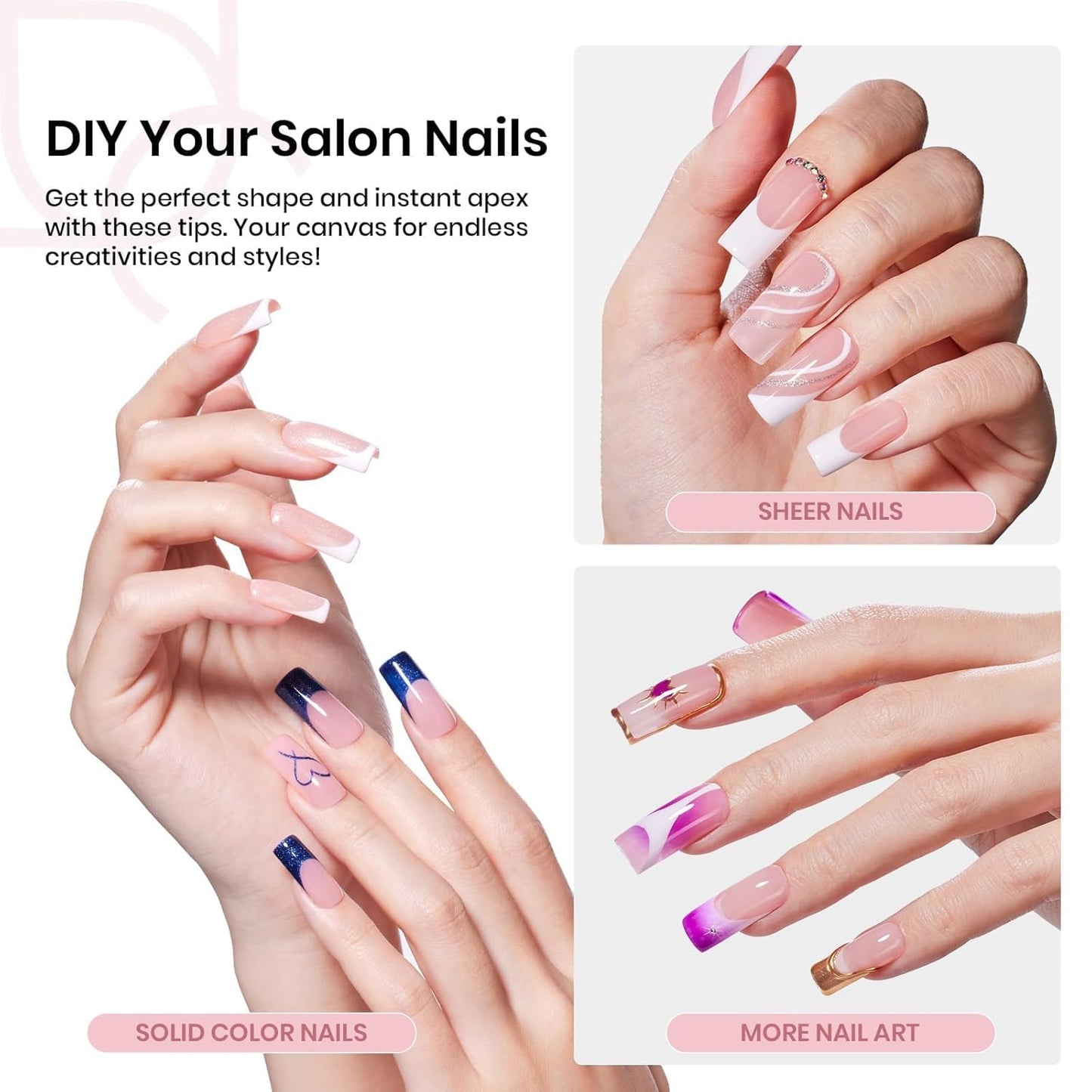 Beetles Tipex Nail Kit, Square Medium Nail Tips 224 Pcs 16 Sizes Pre-Etched Fake Nails with Tipex Nail Glue Mini Nail Lamp - Thick Acrylic Nail Set Pre-Builder Gel Press-on Nails-Velvo Beauty