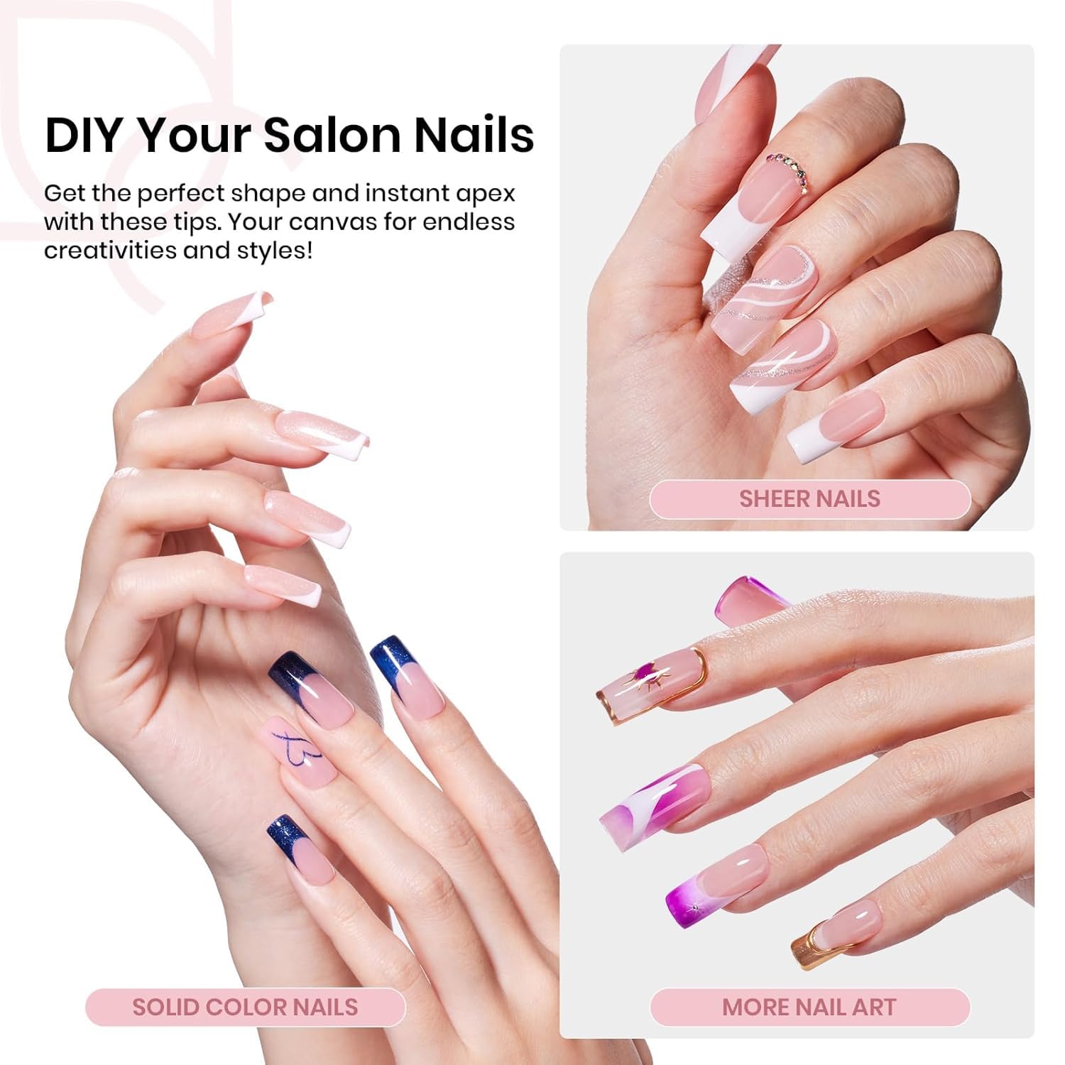 Beetles Tipex Nail Kit, Square Medium Nail Tips 224 Pcs 16 Sizes Pre-Etched Fake Nails with Tipex Nail Glue Mini Nail Lamp - Thick Acrylic Nail Set Pre-Builder Gel Press-on Nails-Velvo Beauty