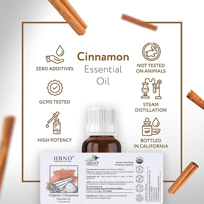 HBNO Organic Cinnamon Leaf Essential Oil - 1 oz (30ml) Travel Size - USDA Certified Organic Cinnamon Essential Oil, Perfect for Aromatherapy, Soap Making, DIY, Fragrances, Diffuser.-Velvo Beauty
