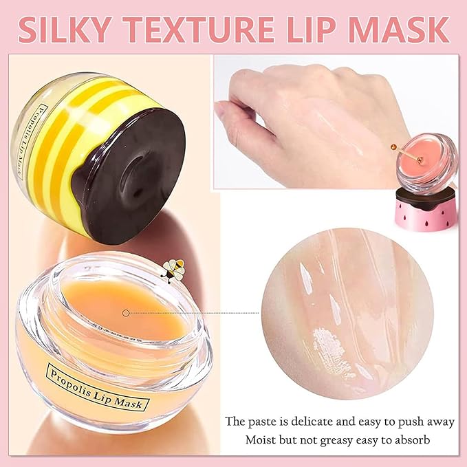 4PCS Bee Lip Balm Honey Pot,Honey Apple Lime Watermelon Lip Mask Overnight Propolis Moisturizing Lip Balm,Nourishing Sleeping Lip Mask Hydrating Prevention Dry & Cracked (4PCS)-Velvo Beauty