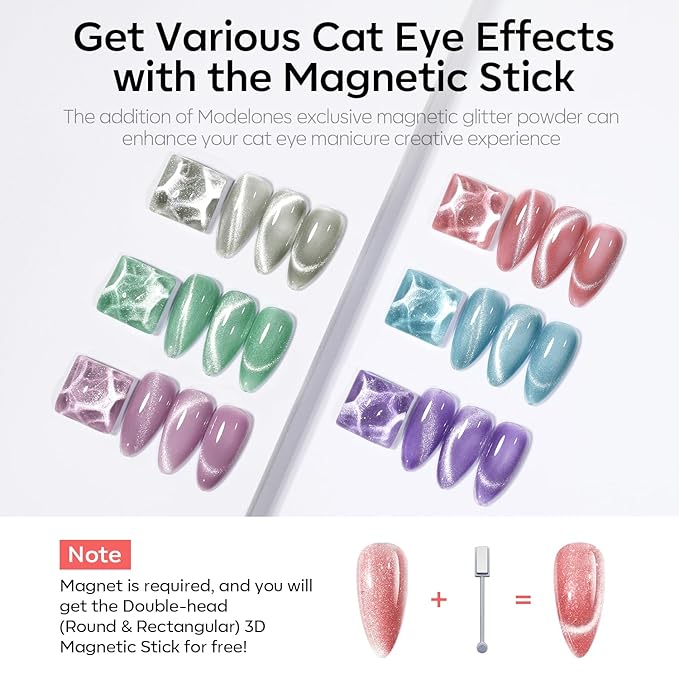 modelones Cat Eye Gel Nail Polish 6 Colors Red Green Silver Purple Blue Glitter Cat Eye Gel Polish Holographic 9D Semi-transparent With Magnet Soak Off Led Nail Art DIY Salon Gifts For Women Girl-Velvo Beauty