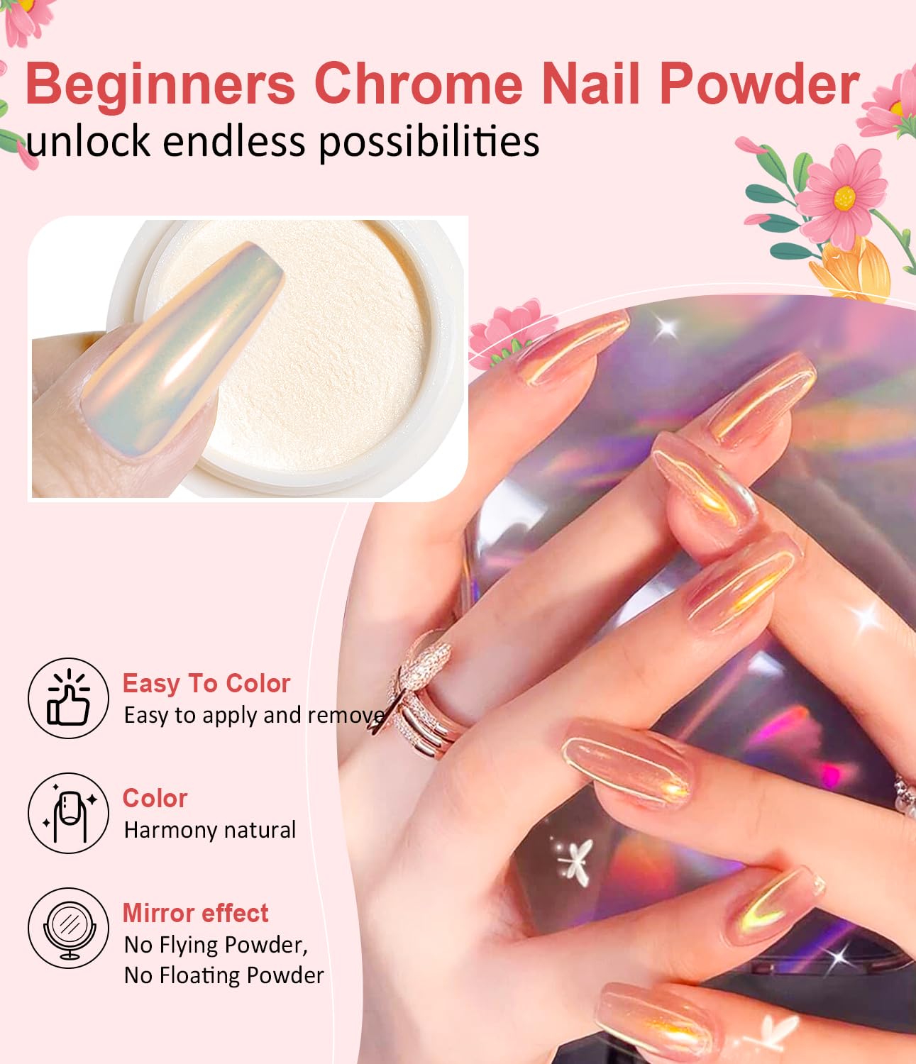 Pearl Chrome Nail Powder BISHENGYF -【Fairy Effect】 Pink Chrome Nail Powder Aurora Mermaid Iridescent White Pearl Clear Nail Chrome Powder, Metallic Mirror Pigment Glitter Dust for Manicure Decoration-Velvo Beauty