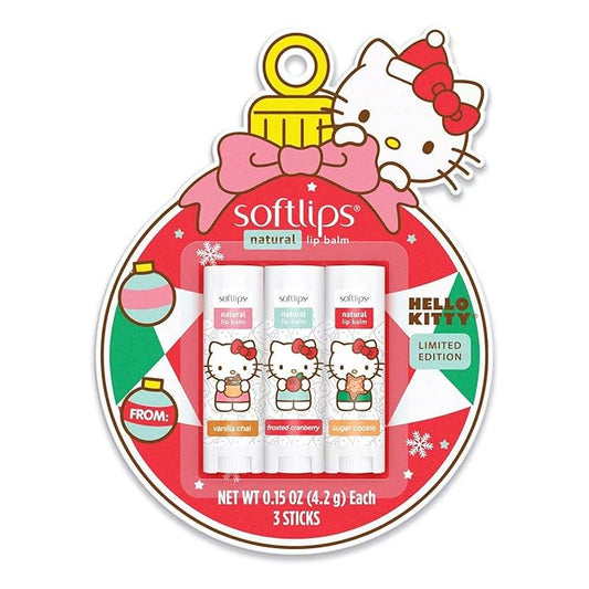 Hello Kitty Limited Edition Softlips Ornament Natural Lip Balm 3-Pack Vanilla Chai, Frosted Cranberry, Sugar Cookie, Holidays 2020-Velvo Beauty