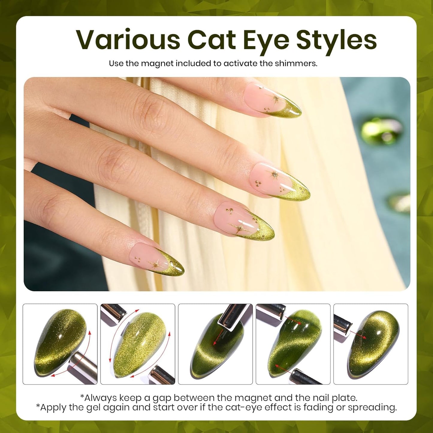Beetles Olive Green Cat Eye Gel Nail Polish, 15ML Holographic Glitter Magnetic Soak Off UV Nail Art Manicure Gifts for Women-Velvo Beauty