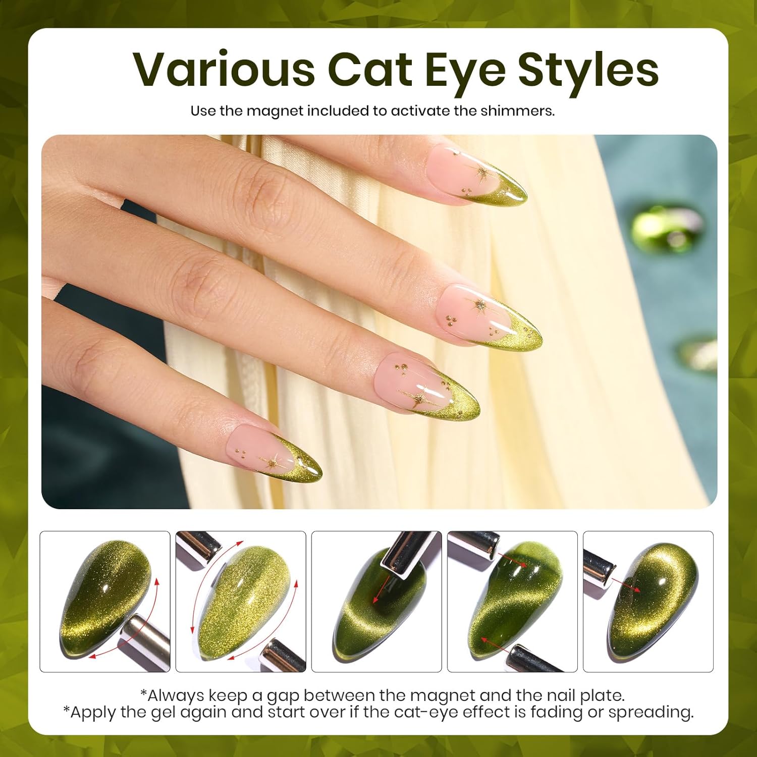 Beetles Olive Green Cat Eye Gel Nail Polish, 15ML Holographic Glitter Magnetic Soak Off UV Nail Art Manicure Gifts for Women-Velvo Beauty