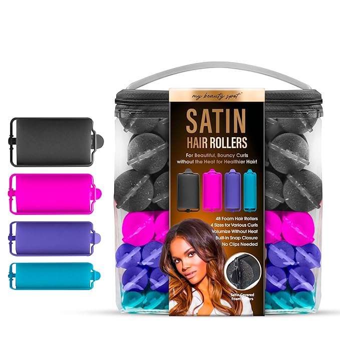 My Beauty Spot Heatless Rollers - Satin Hair Rollers - Overnight Hair Curlers, 48Pcs Overnight Foam Curlers, No Clips, Assorted Sizes & Colors, with Storage Case-Velvo Beauty