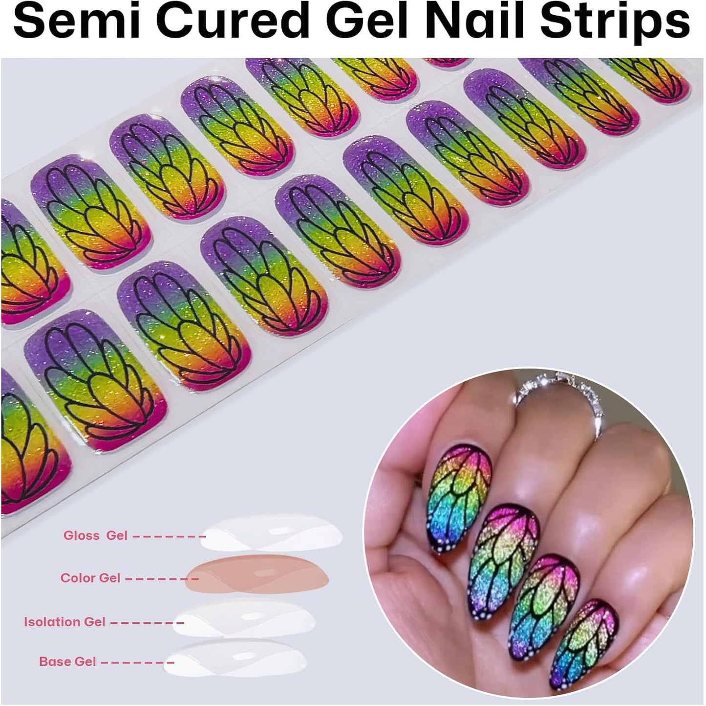 Semi Cured Gel Nail Strips with Glitter Butterfly Designs Colorful Gel nail stickers Salon Quality & Easy to Use for Women 20 Pcs-Velvo Beauty