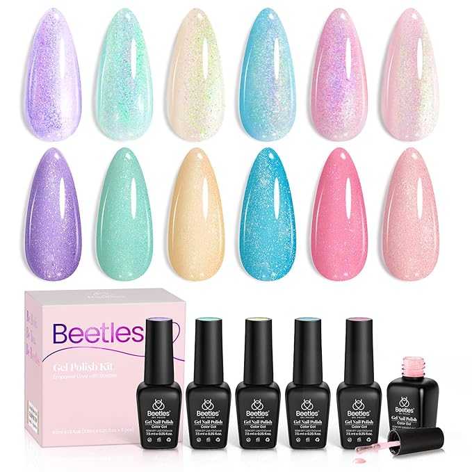 Beetles Glitter Gel Nail Polish Set, Pastel Pink Purple Blue 6 Colors Nebula Halo Chameleon Gel Polish Soak Off Uv Nail Lamp Gifts for Women-Velvo Beauty