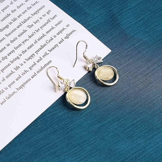 Vintage Circle Drop Earring Gold Cat Eye Stone Earrings Dangle Chalcedony Earrings with Bowknot Earrings Jewelry for Women and Teen Girls-Velvo Beauty