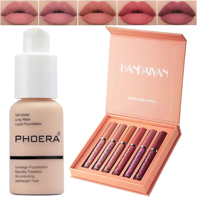 PHOERA Foundation,6Pcs Matte Liquid Lipstick Makeup Set, Matte liquid Long-Lasting Wear,PHOERA Makeup Foundation Full Coverage(101- Porcelain)-Velvo Beauty