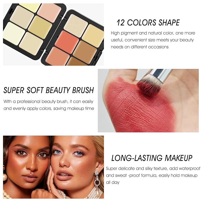 12 Colors Cream [Blush+Contour+Concealer+Highlighter] Makeup Palette for Cheeks - Multi-functional Makeup Palette with Brush, Natural Matte Long Wearing, Waterproof Face Makeup Palette (#04)-Velvo Beauty