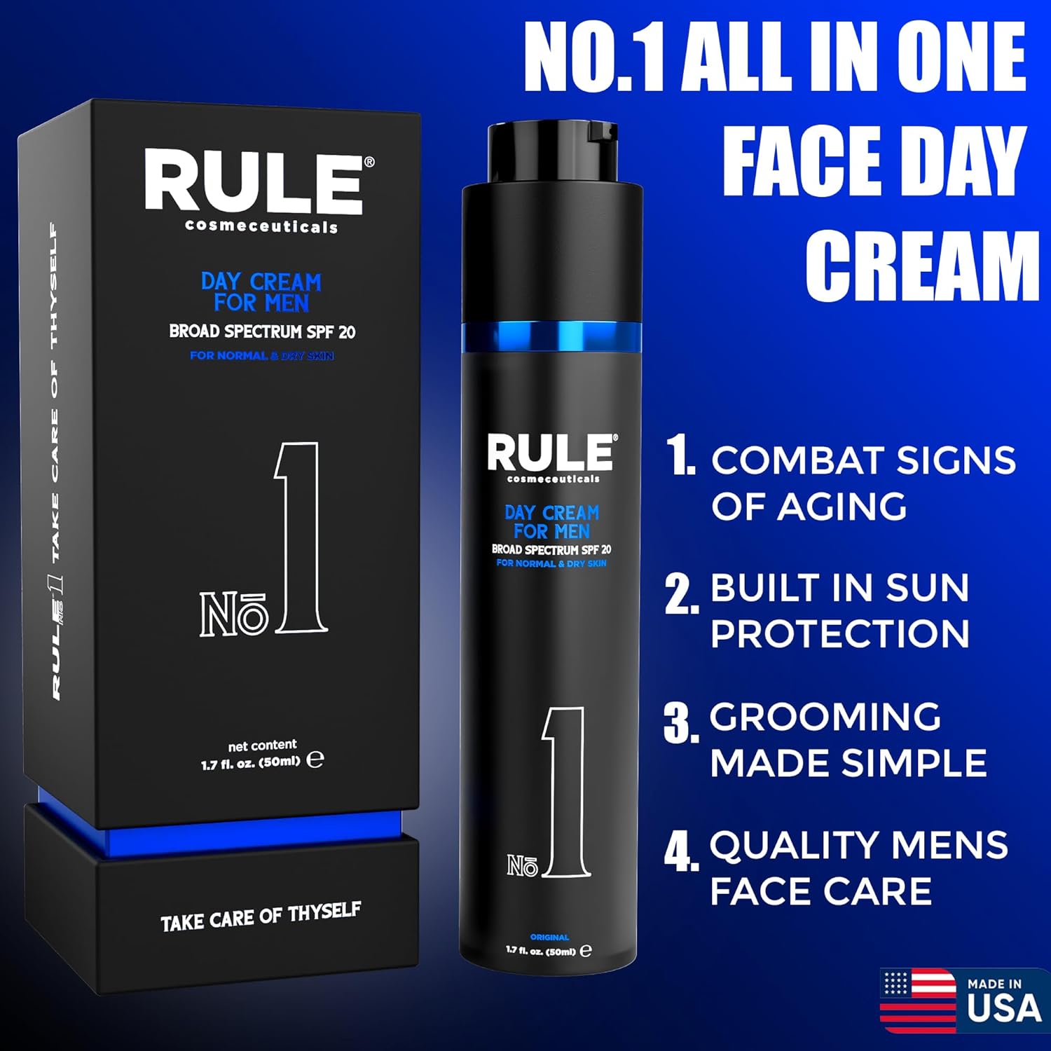 No.1 Day Cream for Men, 10-in-1 Anti-Aging Face Moisturizer to Reduce Wrinkles & Dryness, SPF 20, Collagen, Vitamins B, C & E - Normal & Dry Skin - Original, 50 mL-Velvo Beauty