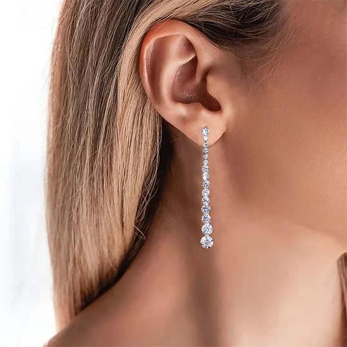Vintage Rhinestone Chain Drop Earrings Silver Linear Crystal Earrings Sparkle Cz Tassel Earrings Long Cz Chain Stud Earrings Jewelry for Women and Girls-Velvo Beauty