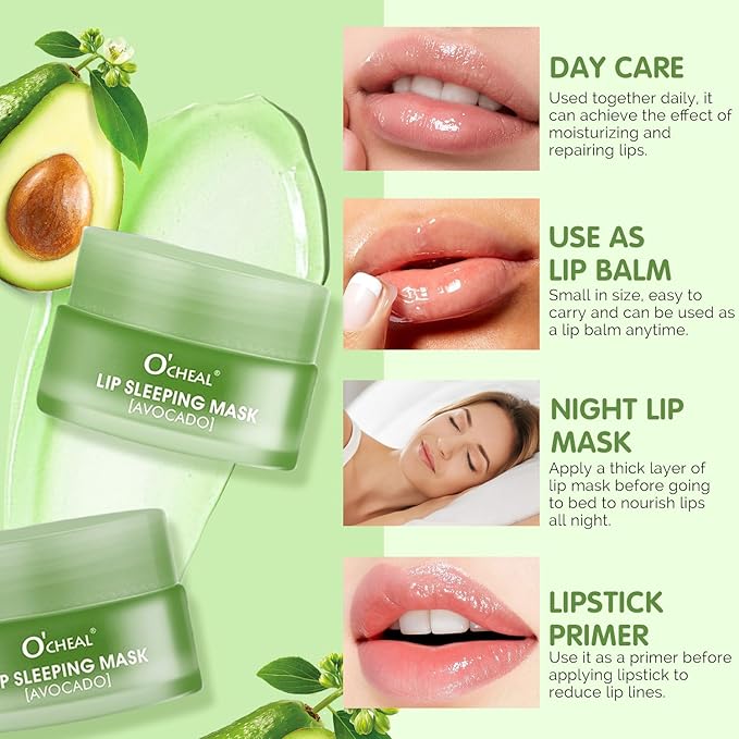 Lip Sleeping Mask Overnight Moisturizer Balm, Berry Lip Mask, Day and Night Repair Lip Balm for Improves Dryness Cracked, Moisturize Nourish Lip Scrubs Exfoliate Reduce Lip Lines (Avocado)-Velvo Beauty