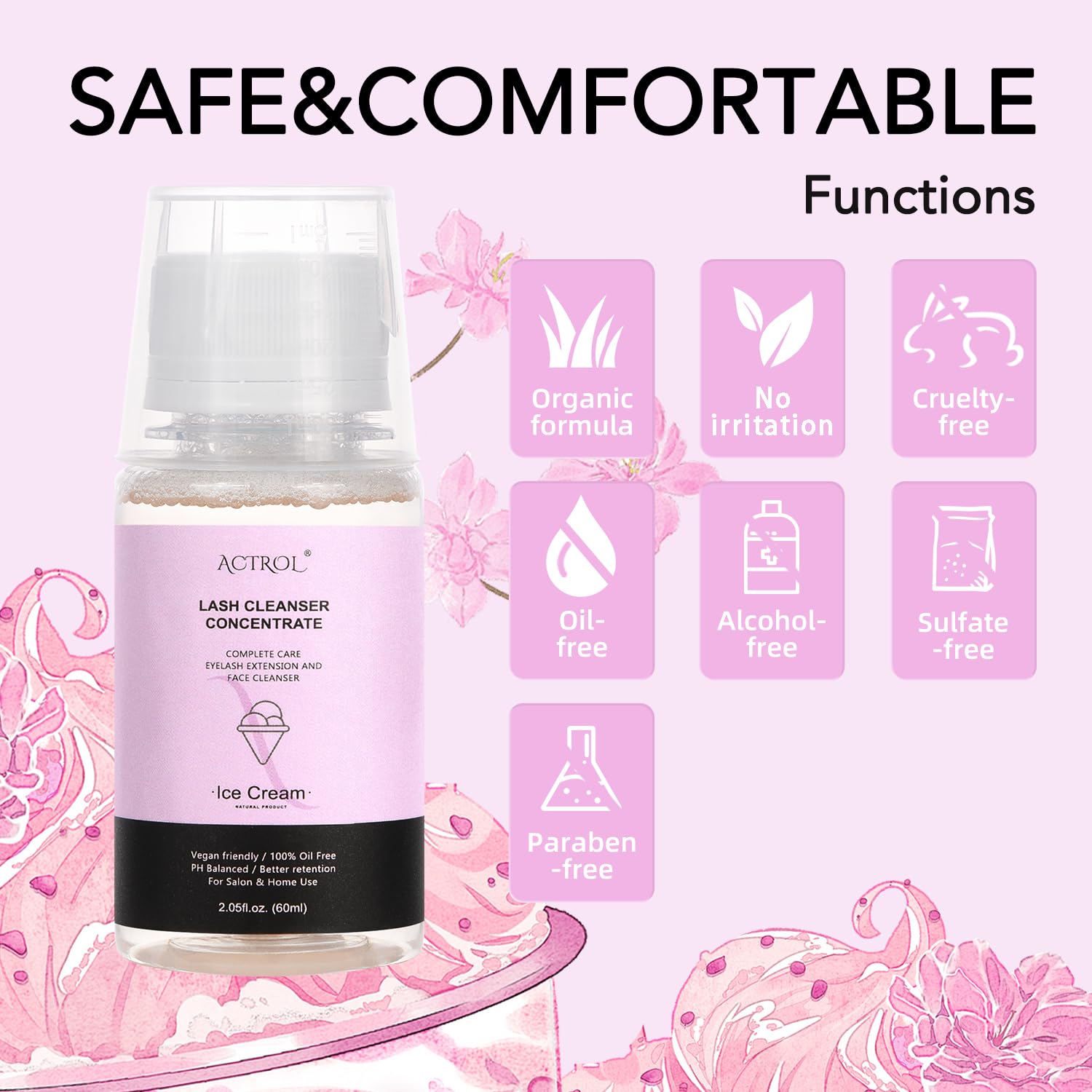 Eyelash Cleanser Concentrate 60ml Ice Cream Professional Lash Shampoo Foaming Cleanser DIY Paraben & Sulfate Free Non-lrritating Wash for Extensions Lashes with Salon Home Care-Makes 6 Bottles-Velvo Beauty