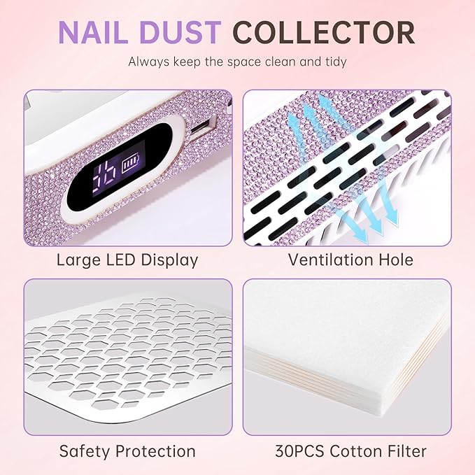 Nail Dust Collector, Rechargeable Dust Collector Nail Tech, Powerful Vacuum Fan Vent Dust Collector Extractor Dust Suction Machine for Acrylic Nails Polishing, Nail Salon&Home,Purple-Velvo Beauty