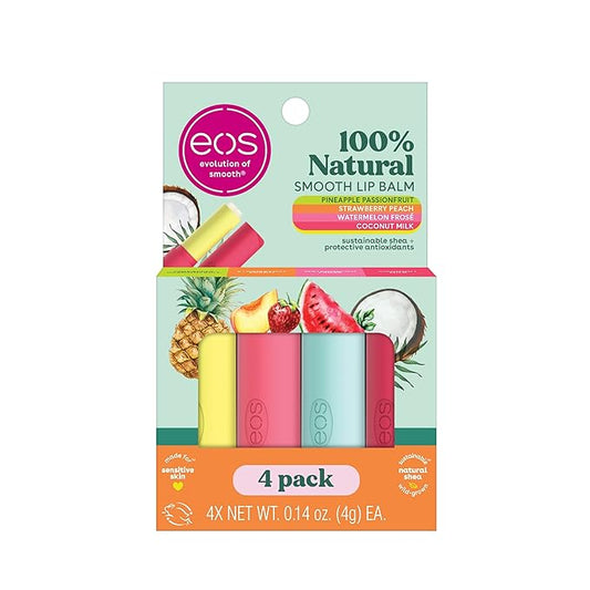 eos 100% Natural Variety Pack Lip Balm Sticks, Coconut Milk, Watermelon Frose, Pineapple Passionfruit, & Strawberry Peach, Lip Care, Pack of 4-Velvo Beauty