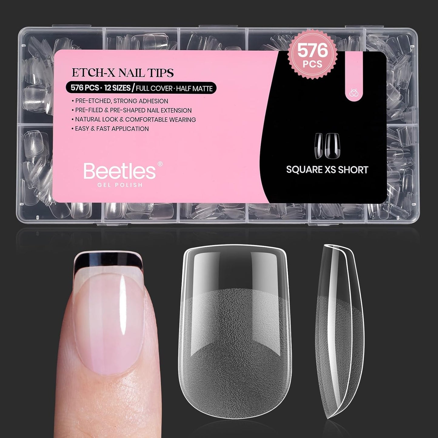 Beetles Short Square Nail Tips: 576PCS 12 Sizes XS Short Square Half Matte Clear False Acrylic Press on Nails Tips Pre-shape Full Cover Nail Tips Nail Extension DIY-Velvo Beauty