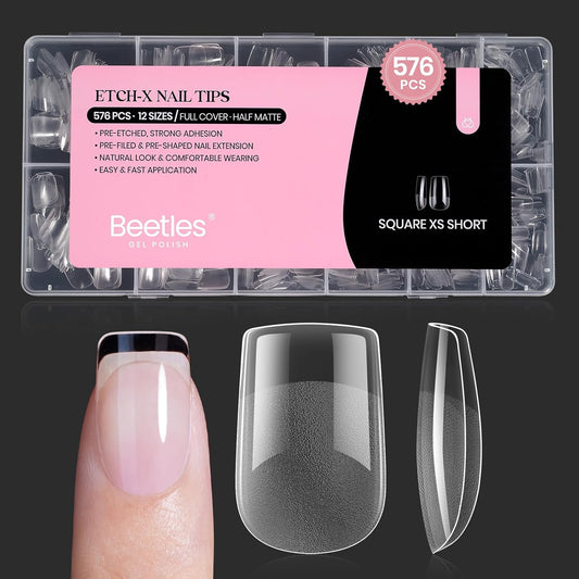 Beetles Short Square Nail Tips: 576PCS 12 Sizes XS Short Square Half Matte Clear False Acrylic Press on Nails Tips Pre-shape Full Cover Nail Tips Nail Extension DIY-Velvo Beauty