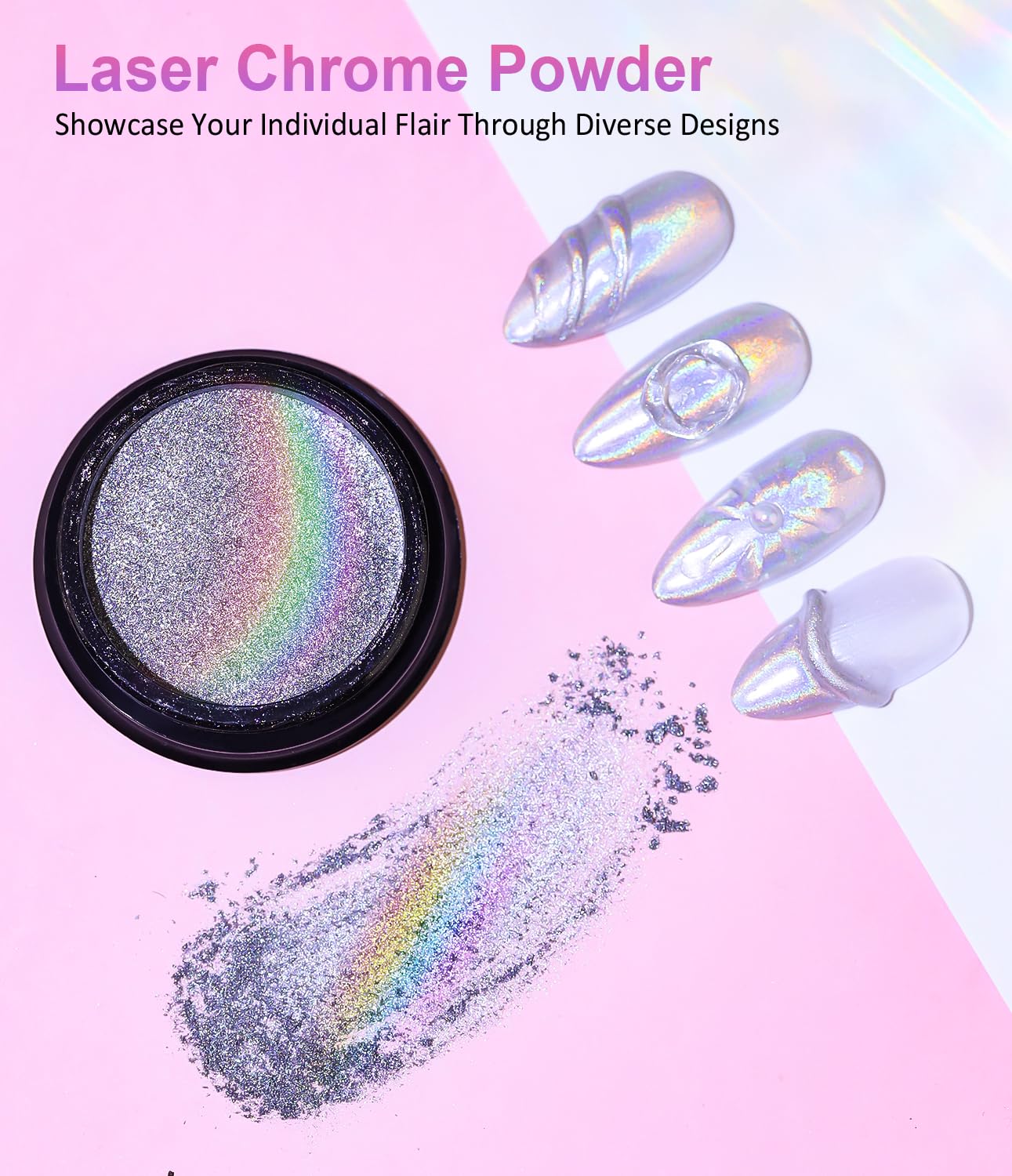 Magic Chrome Nail Powder: Iridescent Mirror Holographic Nail Powder,Metallic Pearl Effect Laser Chrome Nail Powde r for Salon Home Nai l Art DIY Design-Velvo Beauty