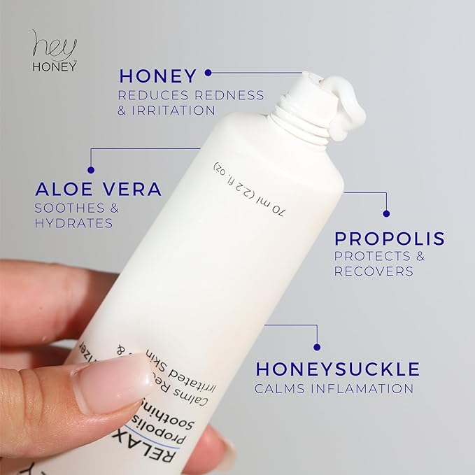 Hey Honey Skincare Relax, Instant Rosacea Treatment & Face Redness Relief - Dermatologically Tested Calming Moisturizer for Sensitive Skin Oil- Free with Honey & Propolis Anti-Aging Benefits | 2.2 Oz-Velvo Beauty