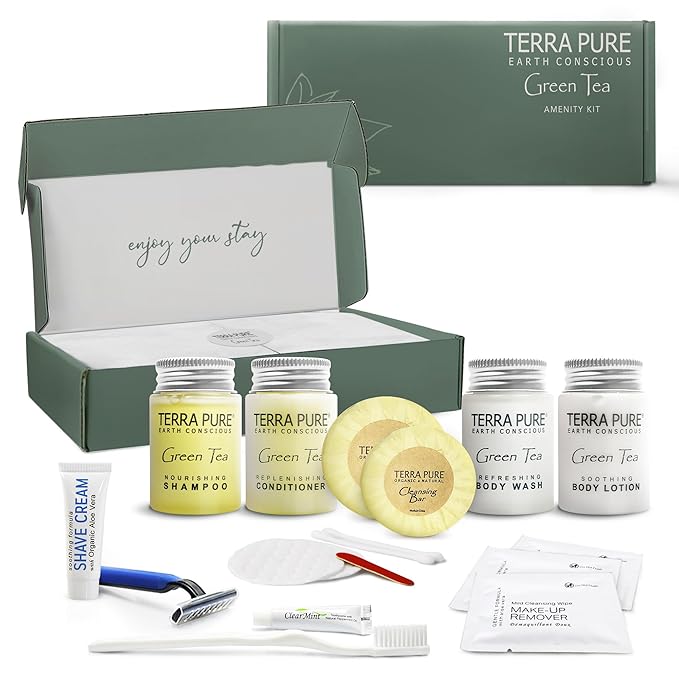 Terra Pure Green Tea Amenity & Accessory Kit | 1 oz Travel Size Shampoo, Conditioner, Lotion, Body Wash, 2 Soap Bars, Shave & Dental Sets, Make-Up Remover Wipes, & Vanity Kit | 1 set per case-Velvo Beauty