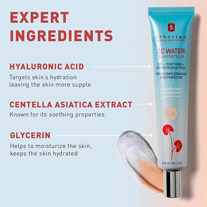 Erborian CC Water with Hyaluronic Acid, Clair - Ultra-Light Aqua Gel Color Corrector with Centella Asiatica & Hyaluronic Acid - Plump, Softer & Hydrated Skin - Korean Skincare Skin Perfector - 1.3 Oz-Velvo Beauty