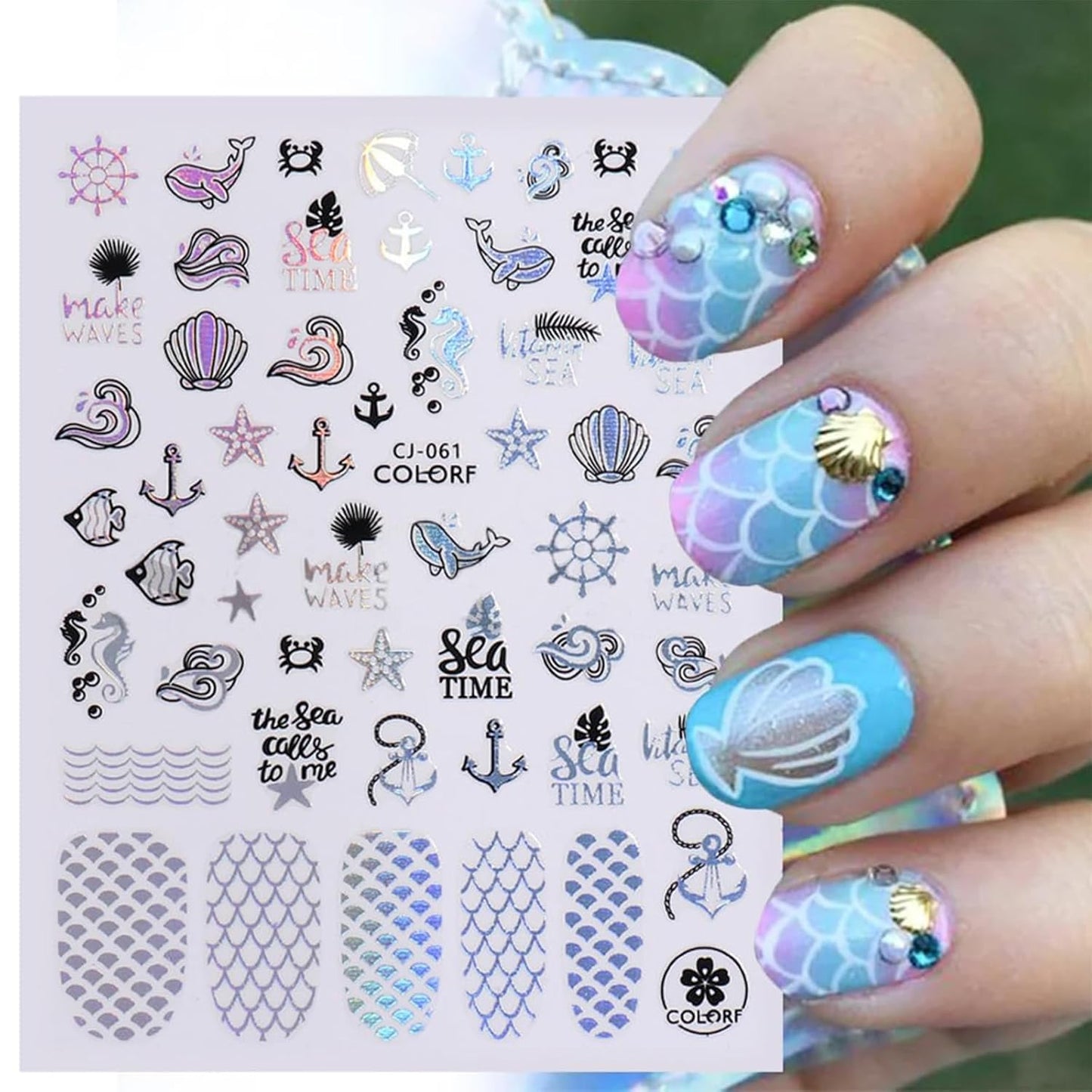 Summer Nail Art Stickers 6 Sheets Shell Nail Decals 3D Self-Adhesive Nails Design Accessories Palm Tree Jellyfish Mermaid Stickers for Women Nails Decoration-Velvo Beauty