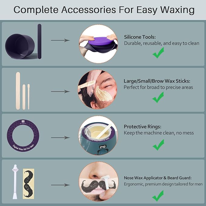 BLITZWAX Back and Nose Waxing Kit for Men, Hard Wax Warmer for Brazilian, Body and Face, At Home Hair Removal Kit, Beginner Friendly, Quick Heating, 93 Accessories, Blue Spruce-Velvo Beauty