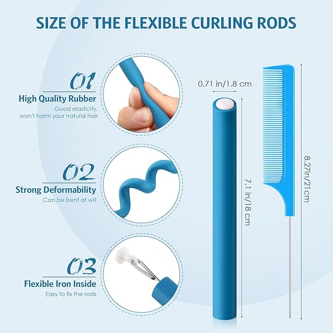 Syhood 30 Pieces Flexible Curling Rods Twist Hair Rollers Soft Foam Rods No Heat and 1 Pcs Steel Rat Tail Comb for Women Long and Short Hair(7 x 0.7 Inch,Blue)-Velvo Beauty