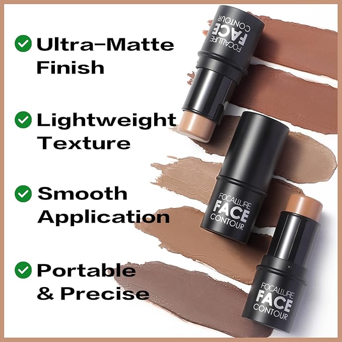 FOCALLURE Cream Contour Stick, Matte Bronzer Stick, Professional Face Shaping & Contouring Stick Makeup, Easy to Apply with Buildable Coverage, Long Lasting & Waterproof, COCOA-Velvo Beauty