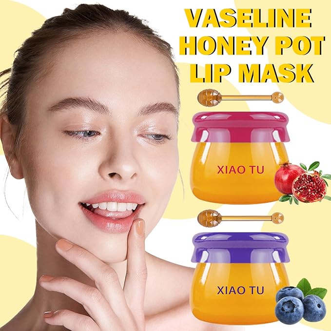 2PCS Lip Balm Honey Pot,Moisturizing Lip Sleep Mask,Prevention Dry and Cracked Overnight Sleeping Lip Mask with Brush,Reduces Lip Lines Long Lasting Hydrating Lip Care Scrubs Exfoliator-Velvo Beauty