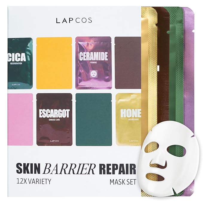 LAPCOS Skin Barrier Repair Sheet Mask Variety Pack – Escargot, Cica, Ceramide, Honey 4 Types of Face Mask Set – Daily Korean Skin Care w/Snail Mucin, Centella Asiatica & Niacinamide (12 ea)-Velvo Beauty