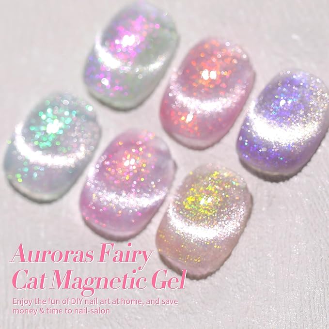 Born Pretty Cat Magnetic Eye Gel Nail Polish, Mermaid Aurora Holographic Pink Blue Green Yellow Gel Polish, Soak Off U V LED Gel Polish Nail Art Design Manicure Salon DIY Home 7ML 6PCS-Velvo Beauty
