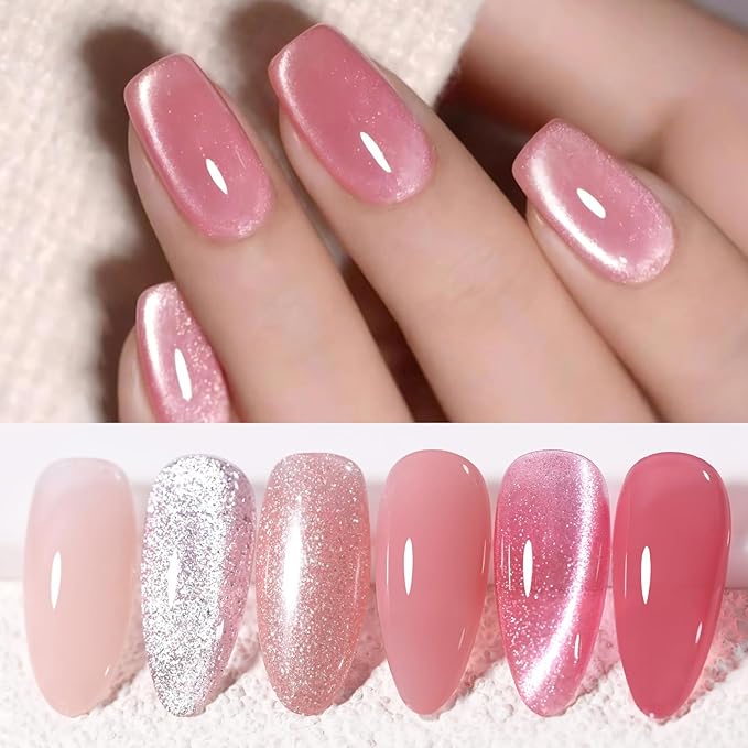 Born Pretty Gel Nail Polish Pink Nude Series,Jelly Transparent,Cat Magnetic Eye,Shimmer Glitter Holographic Pink Nude Gel Polish Kit for Salon Manicure and Nail Art DIY at Home 6Colors-Velvo Beauty
