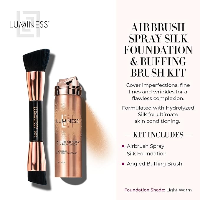 LUMINESS Silk Airbrush Spray Foundation & Buffing Brush Kit – Full Coverage Foundation & Dual-Sided Buffing Brush - Buildable Coverage, Anti-Aging Formula Hydrates & Moisturizes (Shade - Light Warm)-Velvo Beauty