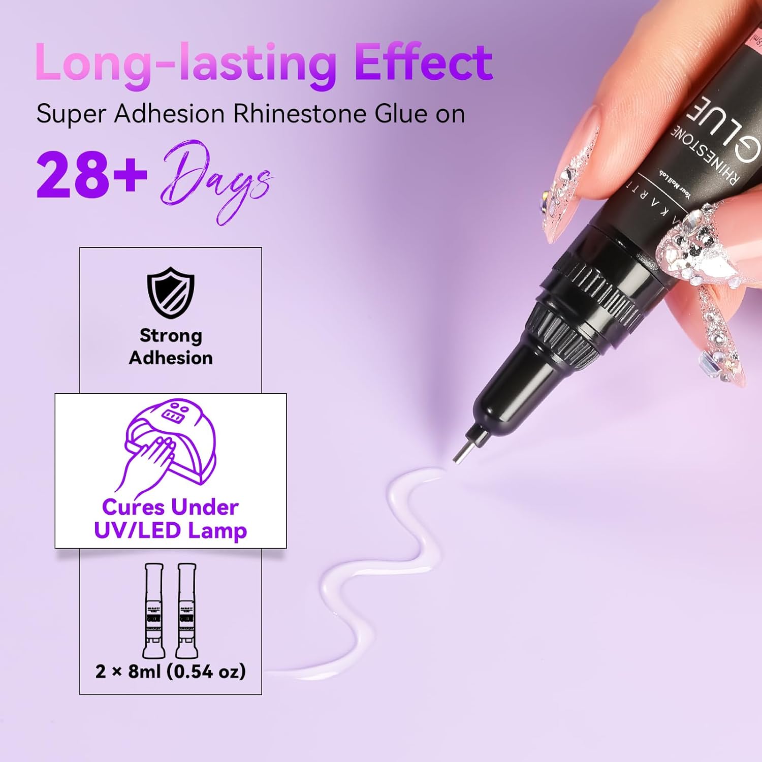 Makartt Nail Rhinestone Glue Gel, Upgrade Gel Nail Glue with Brush Pen Tip Super Strong Adhesive Precise for Nail Charms Crystals Rhinestone Beads Flower 3D Decorations 8ml*2-Velvo Beauty