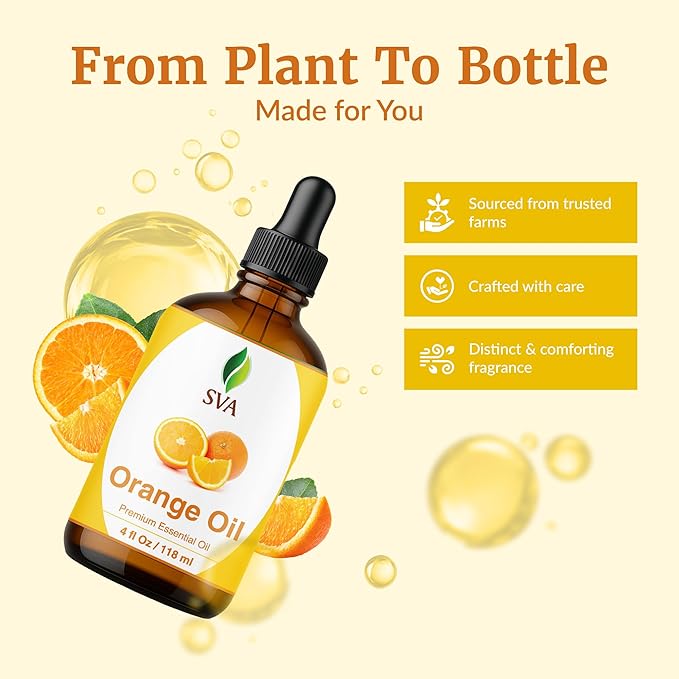 SVA Orange Essential Oil – 4 Fl Oz – 100% Natural Orange Oil - for Diffuser, Hair Care, Face, Skin Care, Aromatherapy, Scalp and Body Massage, Soap and Candle Making - with Dropper-Velvo Beauty