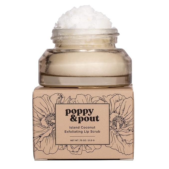 Poppy & Pout Natural Lip Scrub, Moisturizing Sugar Scrub for Dry Lips, Lip Scrubber Exfoliator with Essential Oils Smooths and Hydrates Lips, In Recyclable Glass Jars, Cruelty Free - Island Coconut-Velvo Beauty