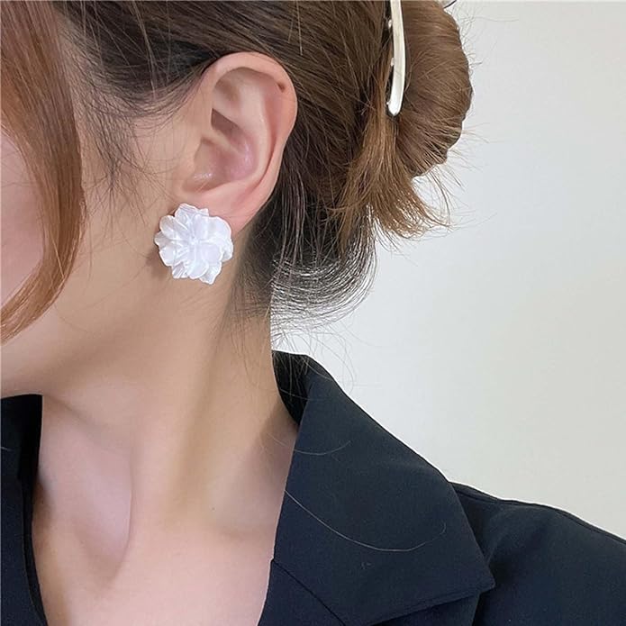 Unique Large White Flower Earrings Studs Vintage Acrylic Floral Petal Earrings Statement French Camellia Flower Earrings Studs Bridal Wedding Prom Earrings Jewelry for Women-Velvo Beauty