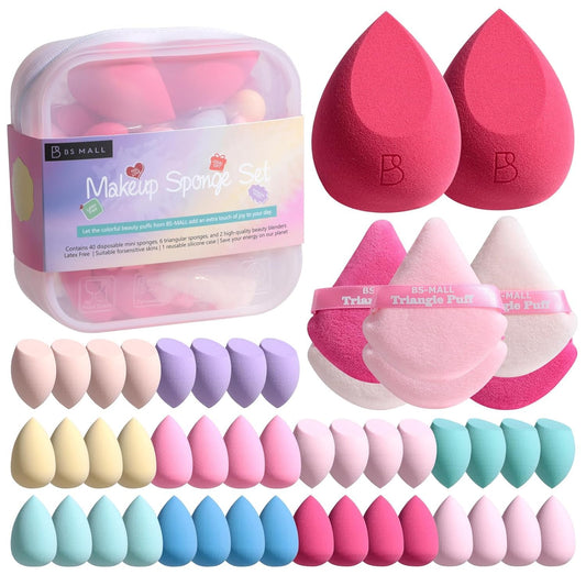 BS-MALL Professional Makeup Sponges Triangle Puff 49 Pcs- Pro V3.0 Cloud Technology Makeup Sponge Material Flawlessflow Mini Sponge Set & Triangle Puff With Waterproof Travel Silicone Bag Gift Set-Velvo Beauty