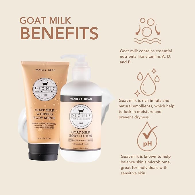 Dionis - Goat Milk Skincare Vanilla Bean Scented Sugar Scrub & Lotion Set (6 oz and 8.5 oz) - Made in the USA - Cruelty-free and Paraben-free-Velvo Beauty