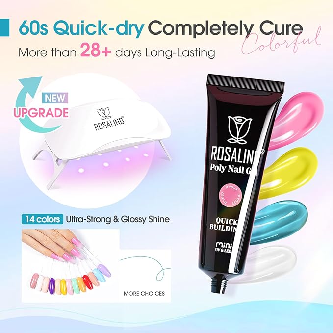 ROSALIND Poly Nail Gel Colors Kit -14 Colors +72 Nail Art Accessories kit Poly Nails Gel Kit Starter Kit with Mini UV Lamp Slip Solution Poly Nail Art Tools for Beginners with Everything-Velvo Beauty