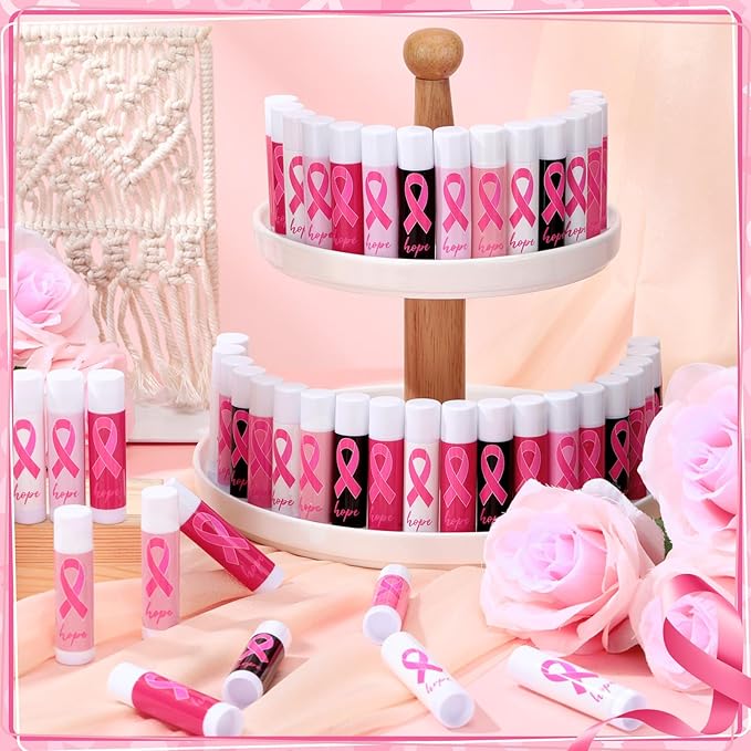 50 Pack Breast Cancer Awareness Favors Bulk Lip Balms Gifts Pink Ribbon Lip Balms Favors Breast Cancer Awareness Month Accessories Support Party Items Decorations for Women Men Survivors-Velvo Beauty