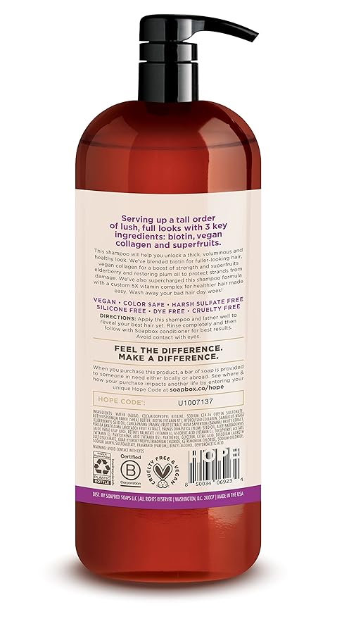 Soapbox Biotin Shampoo, Biotin & Collagen Super Fruit Shampoo for Thin, Fine, Thinning Hair | Volumizing & Repairing to Promote Hair Growth, Strength, Fullness, 1 Liter Pump Bottle-Velvo Beauty