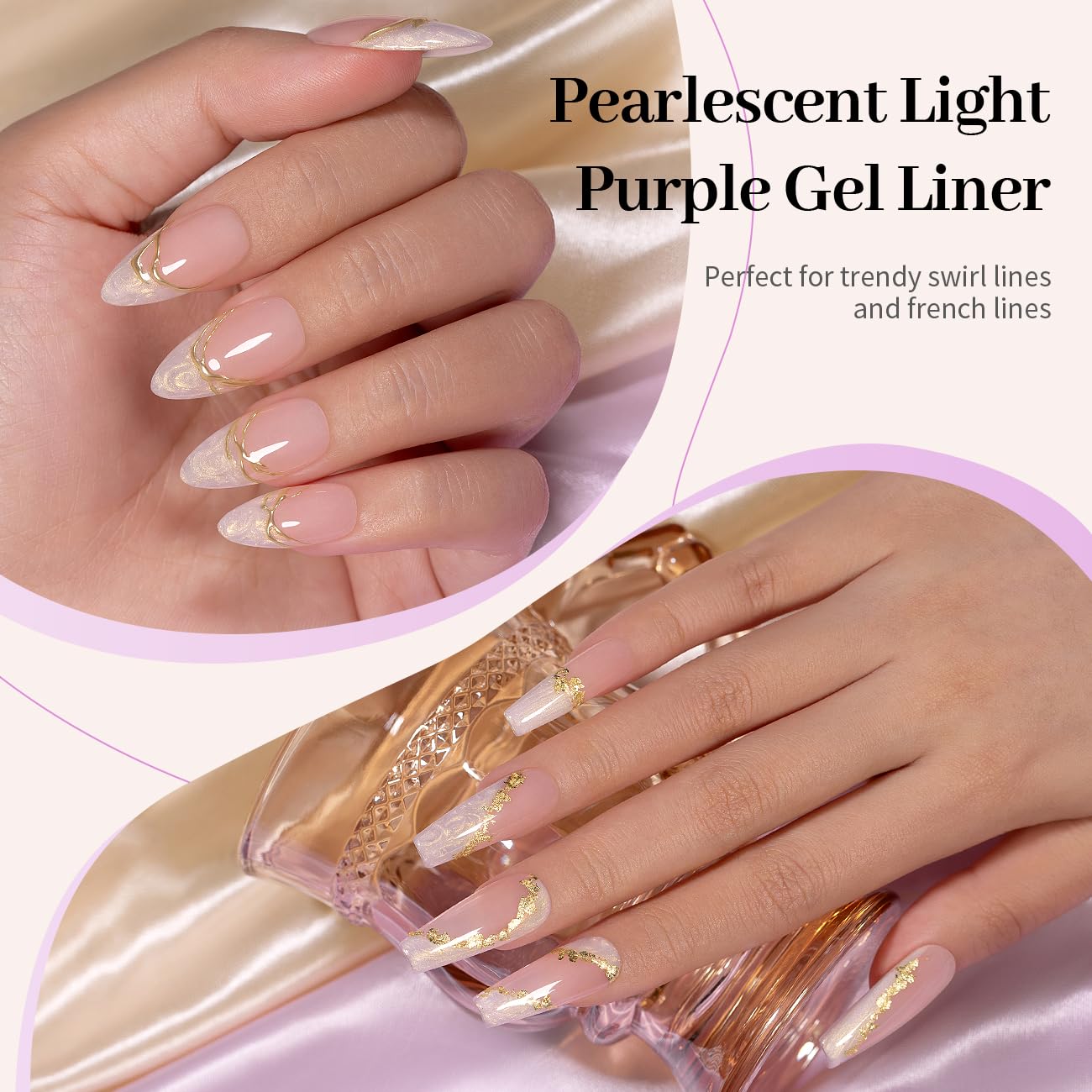 RARJSM Pearl Gold Gel Liner Nail Art Pearlescent Milky Light Purple White Golden Shell Glitter Swirl Effect Gel Nail Polish 8ml Build in Thin Brush Painted Drawing Striper Gelpolish Curing Requires-Velvo Beauty