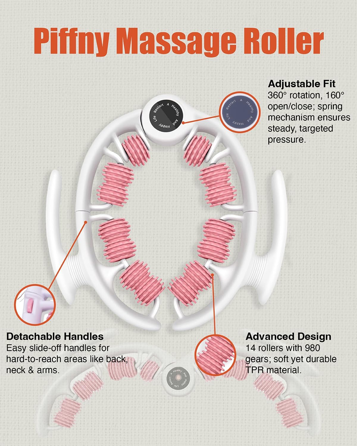 Cellulite Massage Roller - Anti-Cellulite Massager with Detachable Roller Handles for Thighs, Legs & Buttocks - Fascia Massage Tool for Lymphatic Drainage & Deep Tissue Therapy (Pink)-Velvo Beauty