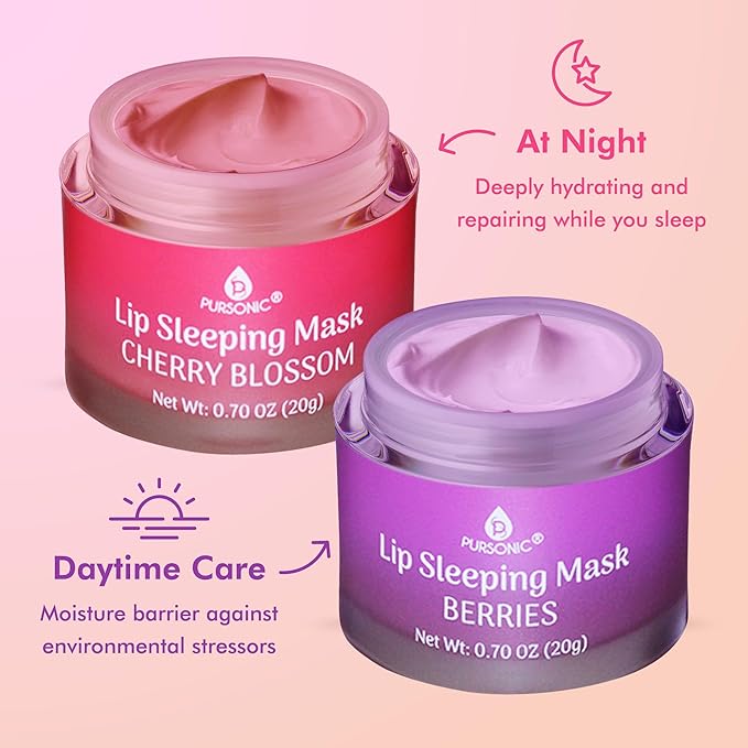 PURSONIC Lip Mask Overnight for Ultimate Lip Care - Hydrating Lip Moisturizer for Plump Lips Infused with Double Flavor Cherry Blossom and Berries - 2 Packs-Velvo Beauty