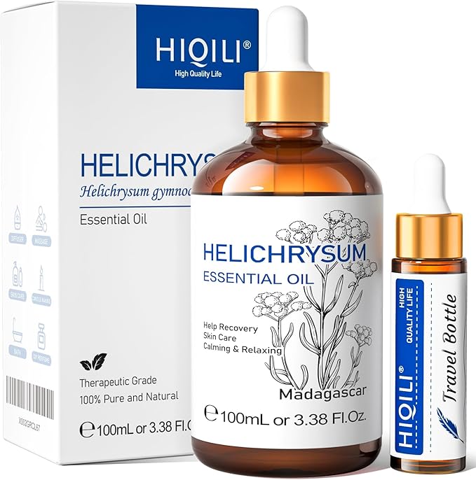 HIQILI Helichrysum Essential Oil for Skin Nourish, Undiluted & Natural, Relieve Fatigue in Body Massage, Reduce Fine Line and Wrinkle, Aromatherapy Diffuser, DIY Floral Scented Gift -100ML-Velvo Beauty