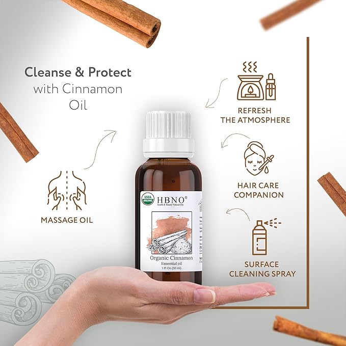 HBNO Organic Cinnamon Leaf Essential Oil - 1 oz (30ml) Travel Size - USDA Certified Organic Cinnamon Essential Oil, Perfect for Aromatherapy, Soap Making, DIY, Fragrances, Diffuser.-Velvo Beauty